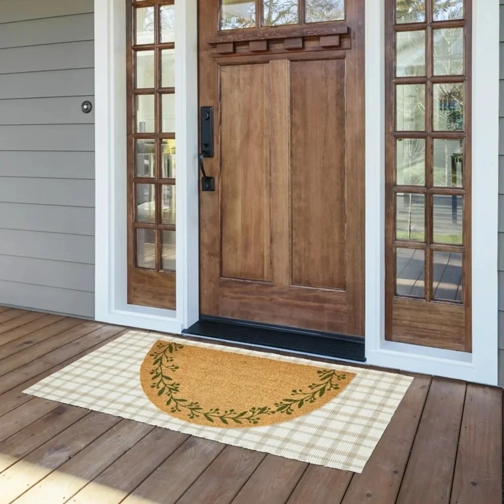 Green/Natural Berry Leaf Vine Half Circle Outdoor Coir Doormat, 18